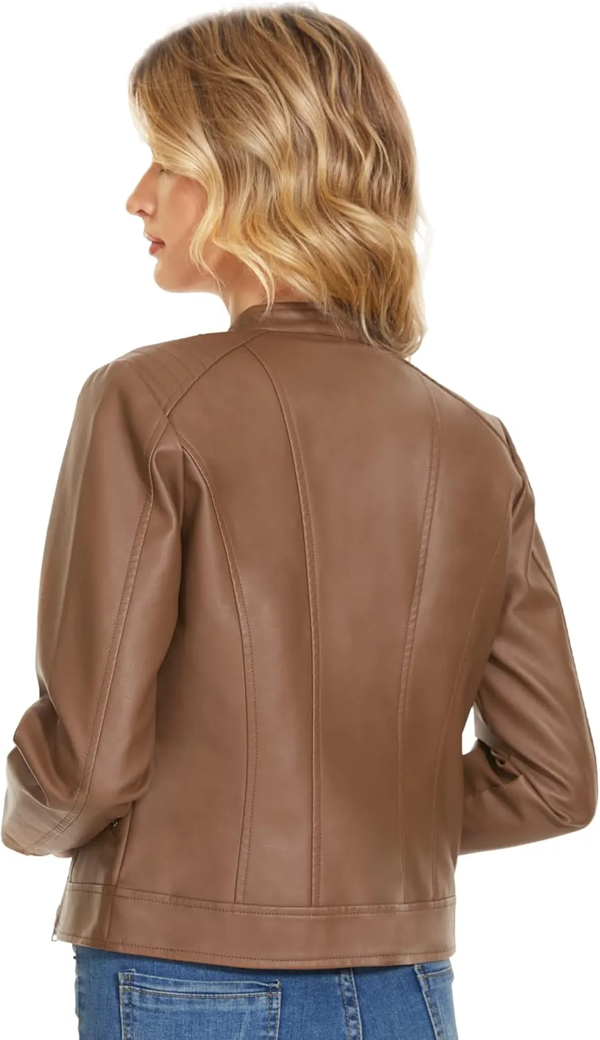Fahsyee Zip Leather Jackets for Women Motorcycle Faux PU Moto Biker Outwear Coat