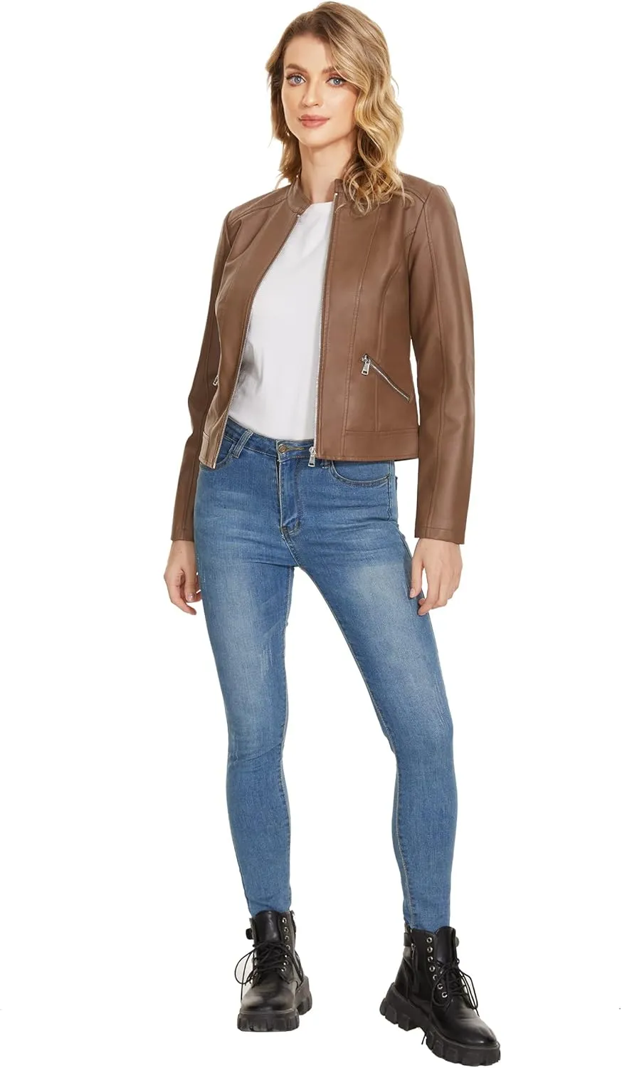 Fahsyee Zip Leather Jackets for Women Motorcycle Faux PU Moto Biker Outwear Coat