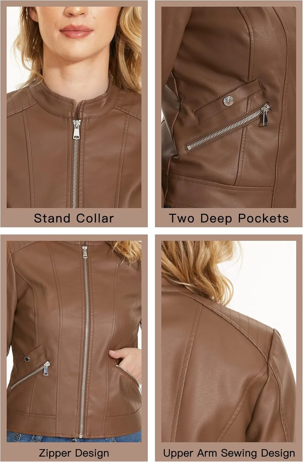 Fahsyee Zip Leather Jackets for Women Motorcycle Faux PU Moto Biker Outwear Coat