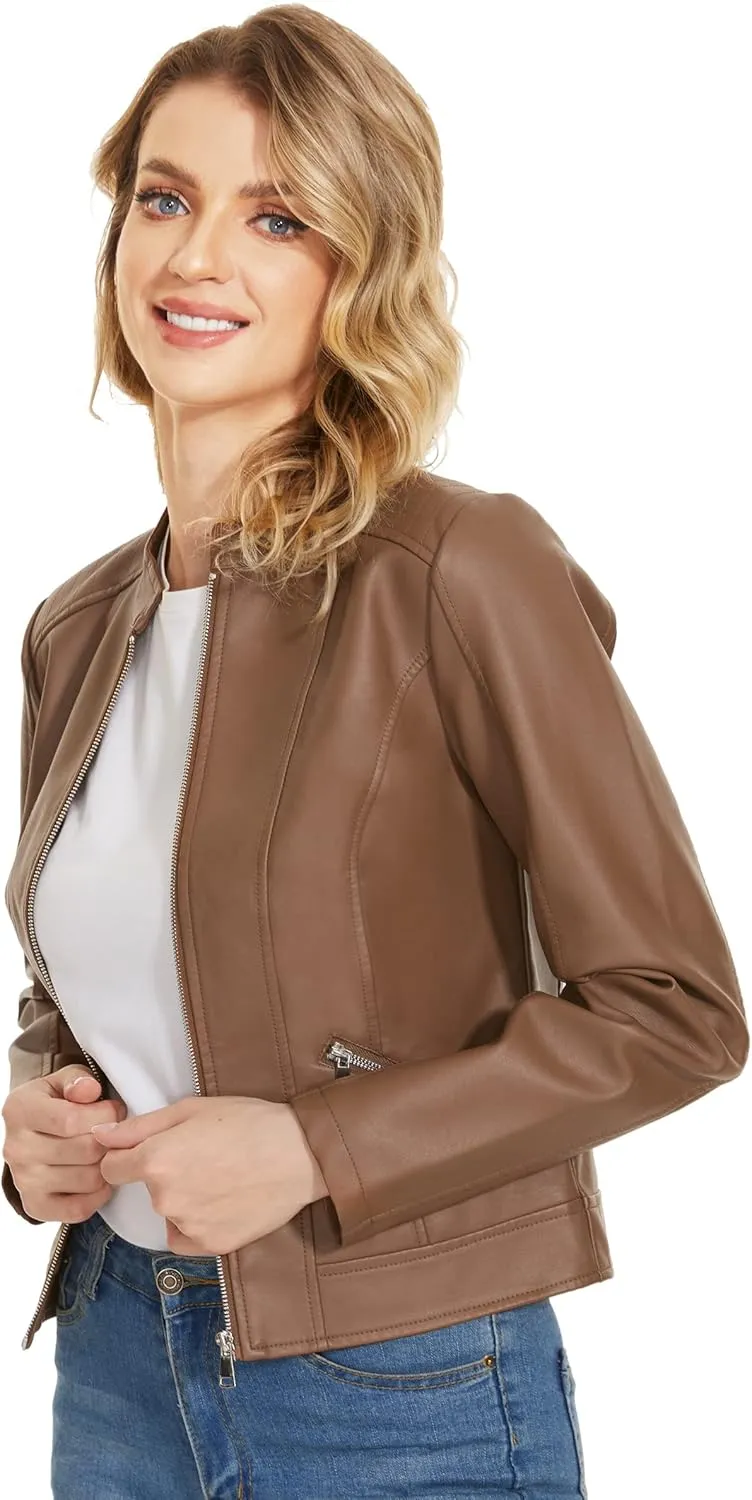 Fahsyee Zip Leather Jackets for Women Motorcycle Faux PU Moto Biker Outwear Coat