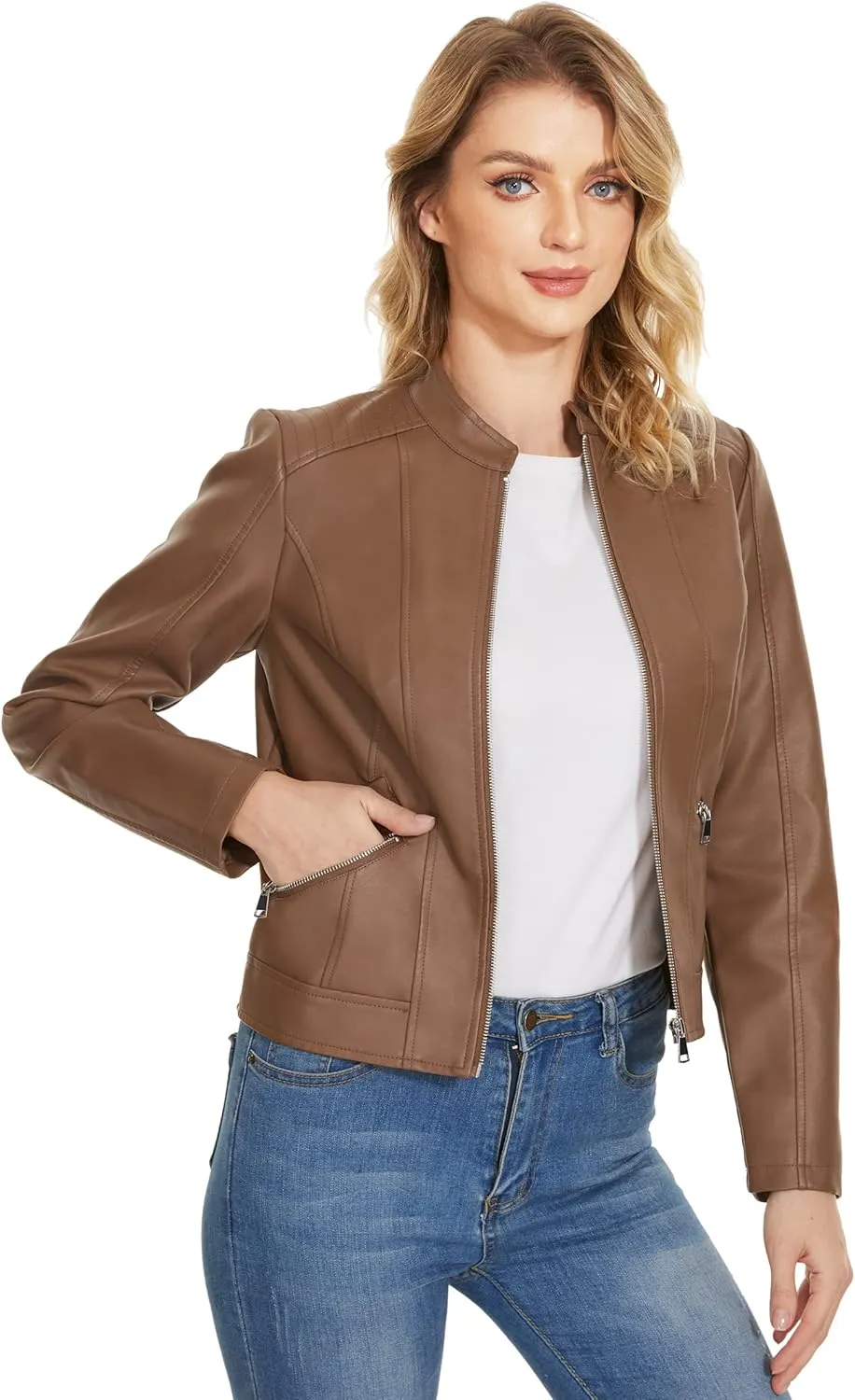 Fahsyee Zip Leather Jackets for Women Motorcycle Faux PU Moto Biker Outwear Coat