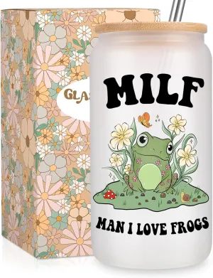 Fairy's Gift Frog Themed Cup, Cute 16 oz Frosted Iced Coffee Glass Cups with Lids Straws, Mothers Day, Funny Glass Tumbler Mug Stuff, Frog Gifts for Women Mom Wife, Pregnant Friend, Girlfriend, Man