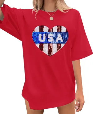 FASHGL American Flag Shirts Women Flag Sequin Oversize T-Shirt 4th of July Tee USA Gift Short Sleeve Tops