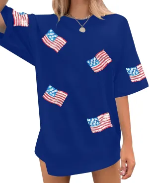 FASHGL American Flag Shirts Women Flag Sequin Oversize T-Shirt 4th of July Tee USA Gift Short Sleeve Tops