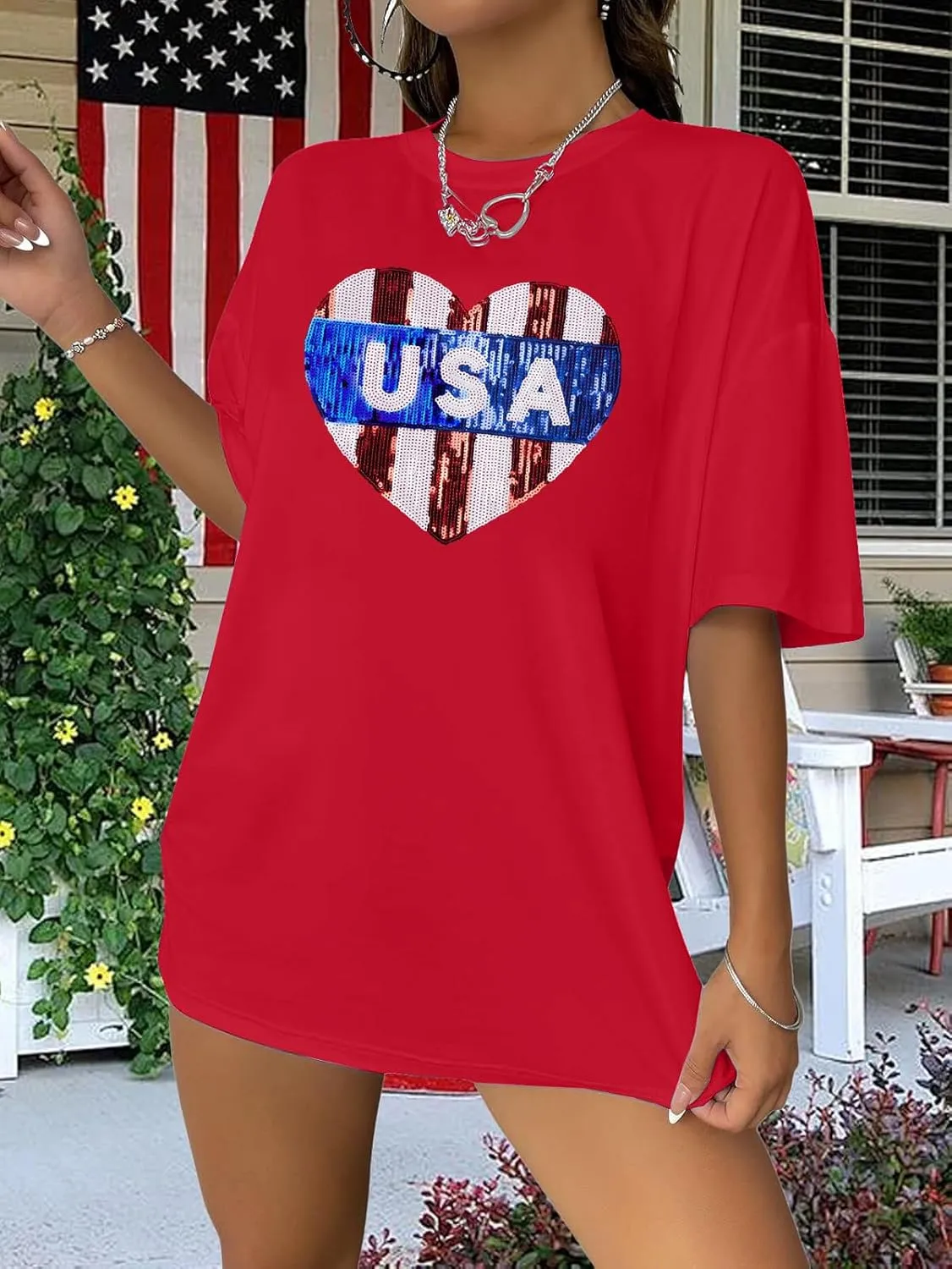 FASHGL American Flag Shirts Women Flag Sequin Oversize T-Shirt 4th of July Tee USA Gift Short Sleeve Tops