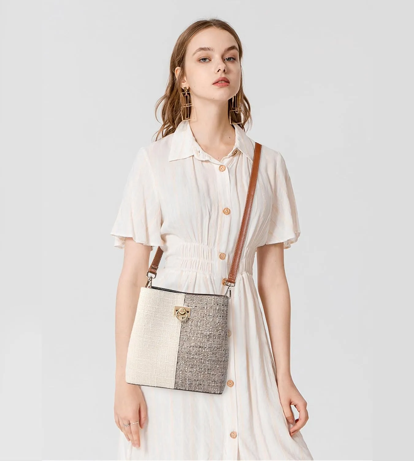 Fashion Leather Bucket Crossbody Bag for Women, Multi-Pocket Shoulder Purse