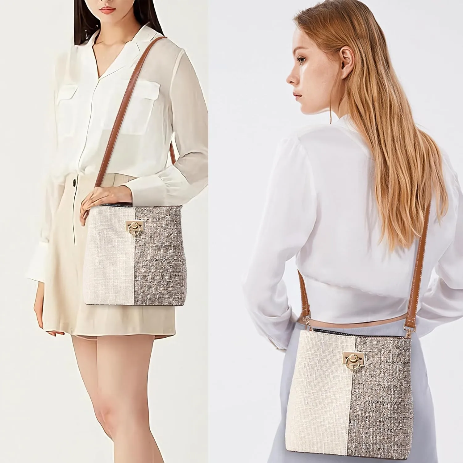 Fashion Leather Bucket Crossbody Bag for Women, Multi-Pocket Shoulder Purse