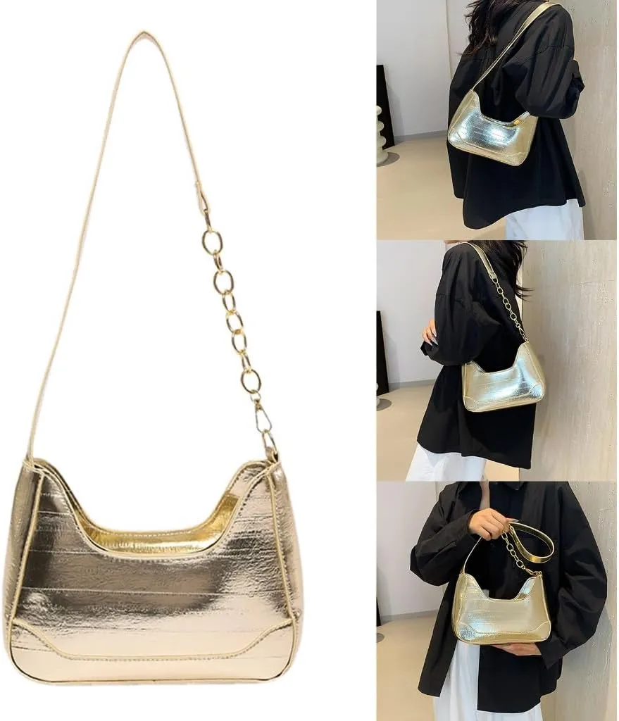Fashionable Womens Solid Color Underarm Bag with Chain Strap Casual PU Leather Shoulder Handbag Purse for Shopping