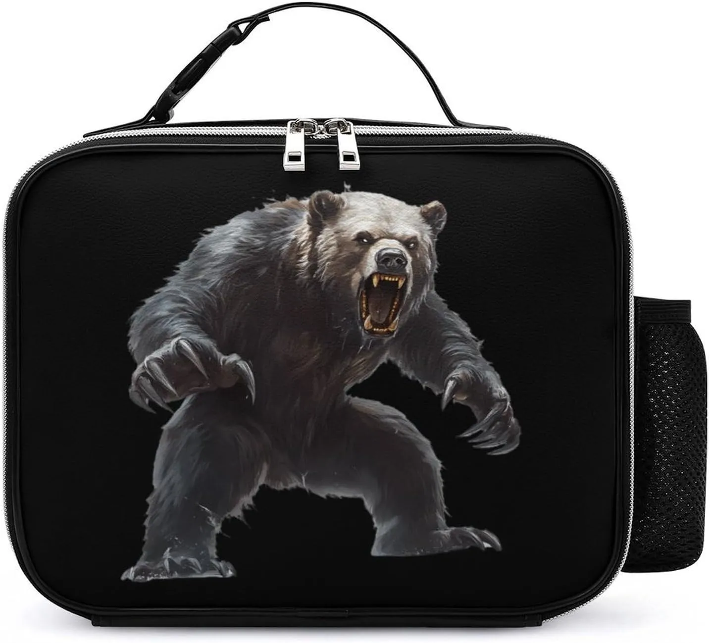 Ferocious Bear Beast Travel Lunch Bags Leather Insulated Tote Bag with Detachable Buckled Handle to-Go Food Containers