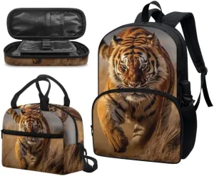 Fierce Tiger Painting Backpack Set for Kids Girl, Lightweight Shoulder Student School Bag Set with Insulated Meal Lunch Box