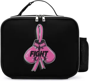 Fight Breast Cancer Awareness Fighter Insulated Cooler Leather Lunch Bag Meal Tote Handbags with Adjustable Handle Strap Side Pocket