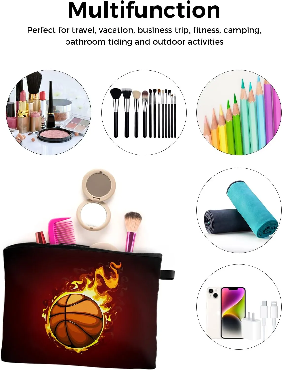 Fire Basketball Enthusiasm Cosmetic Bags for Women, Ball Sports Flame Black Small Makeup Bag for Purse, Waterproof Travel Toiletry Bag Accessories Organizer, 2PCS