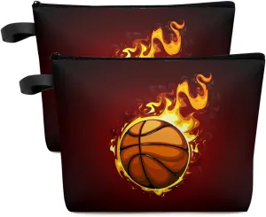 Fire Basketball Enthusiasm Cosmetic Bags for Women, Ball Sports Flame Black Small Makeup Bag for Purse, Waterproof Travel Toiletry Bag Accessories Organizer, 2PCS