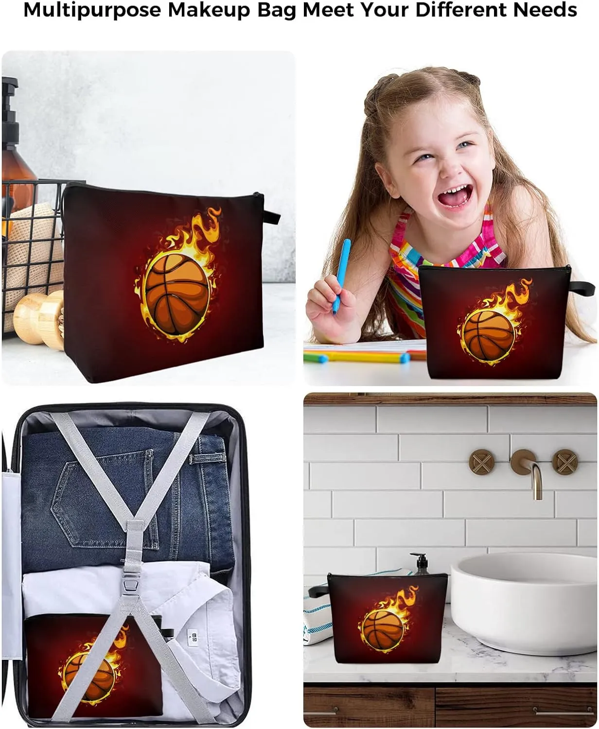 Fire Basketball Enthusiasm Cosmetic Bags for Women, Ball Sports Flame Black Small Makeup Bag for Purse, Waterproof Travel Toiletry Bag Accessories Organizer, 2PCS
