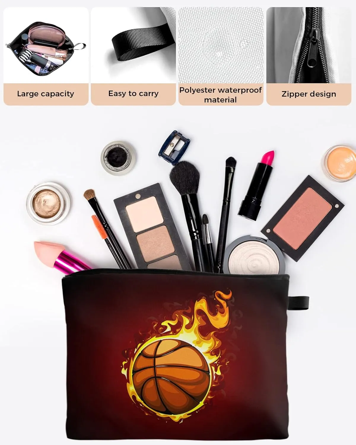 Fire Basketball Enthusiasm Cosmetic Bags for Women, Ball Sports Flame Black Small Makeup Bag for Purse, Waterproof Travel Toiletry Bag Accessories Organizer, 2PCS