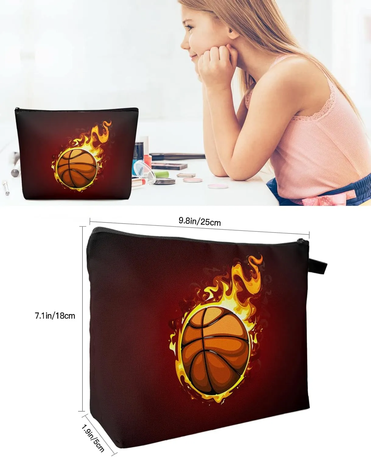 Fire Basketball Enthusiasm Cosmetic Bags for Women, Ball Sports Flame Black Small Makeup Bag for Purse, Waterproof Travel Toiletry Bag Accessories Organizer, 2PCS