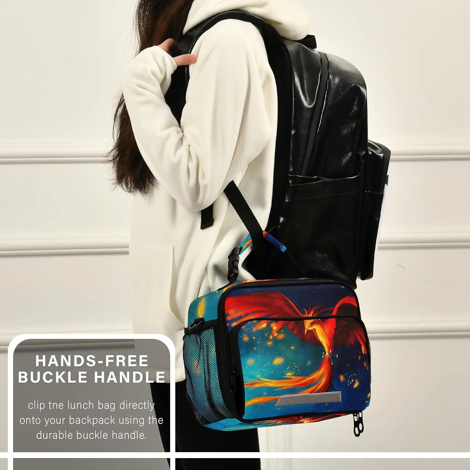 Fire Phoenix Lunch Bag, Reusable Lunch Box for Women Men, Insulated Cooler Bag Lunch Tote Bag with Shoulder Strap for School Office Picnic Travel