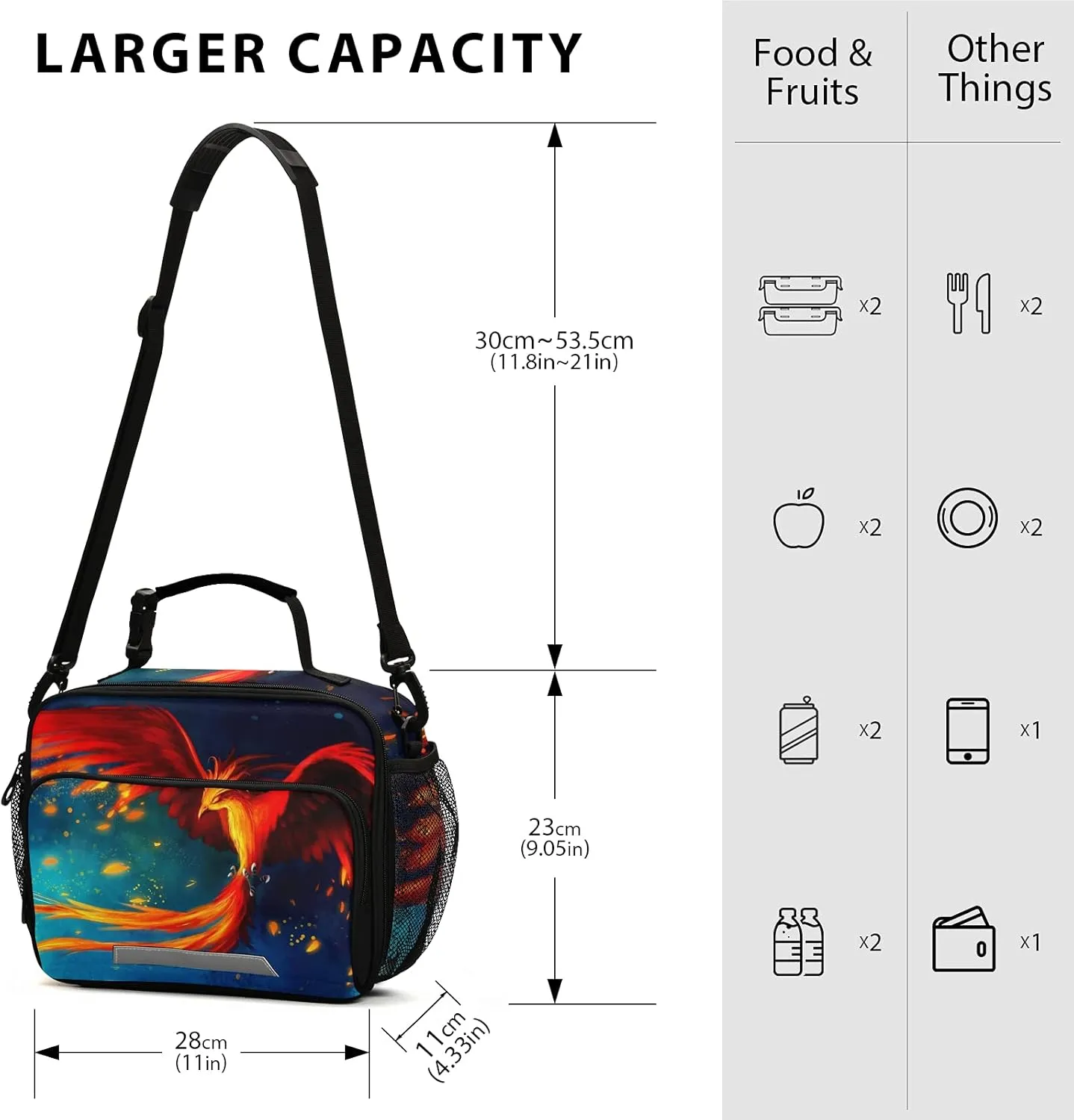Fire Phoenix Lunch Bag, Reusable Lunch Box for Women Men, Insulated Cooler Bag Lunch Tote Bag with Shoulder Strap for School Office Picnic Travel