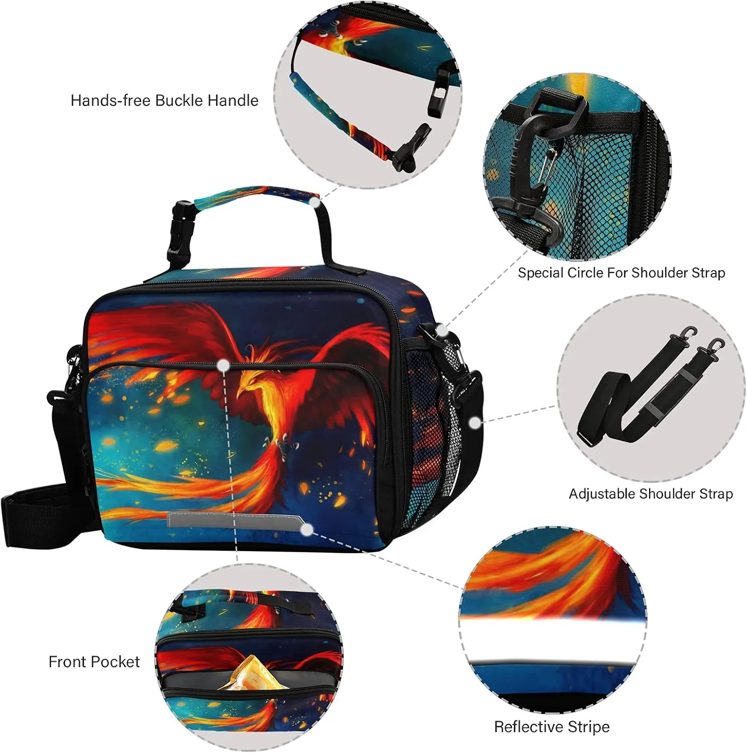 Fire Phoenix Lunch Bag, Reusable Lunch Box for Women Men, Insulated Cooler Bag Lunch Tote Bag with Shoulder Strap for School Office Picnic Travel
