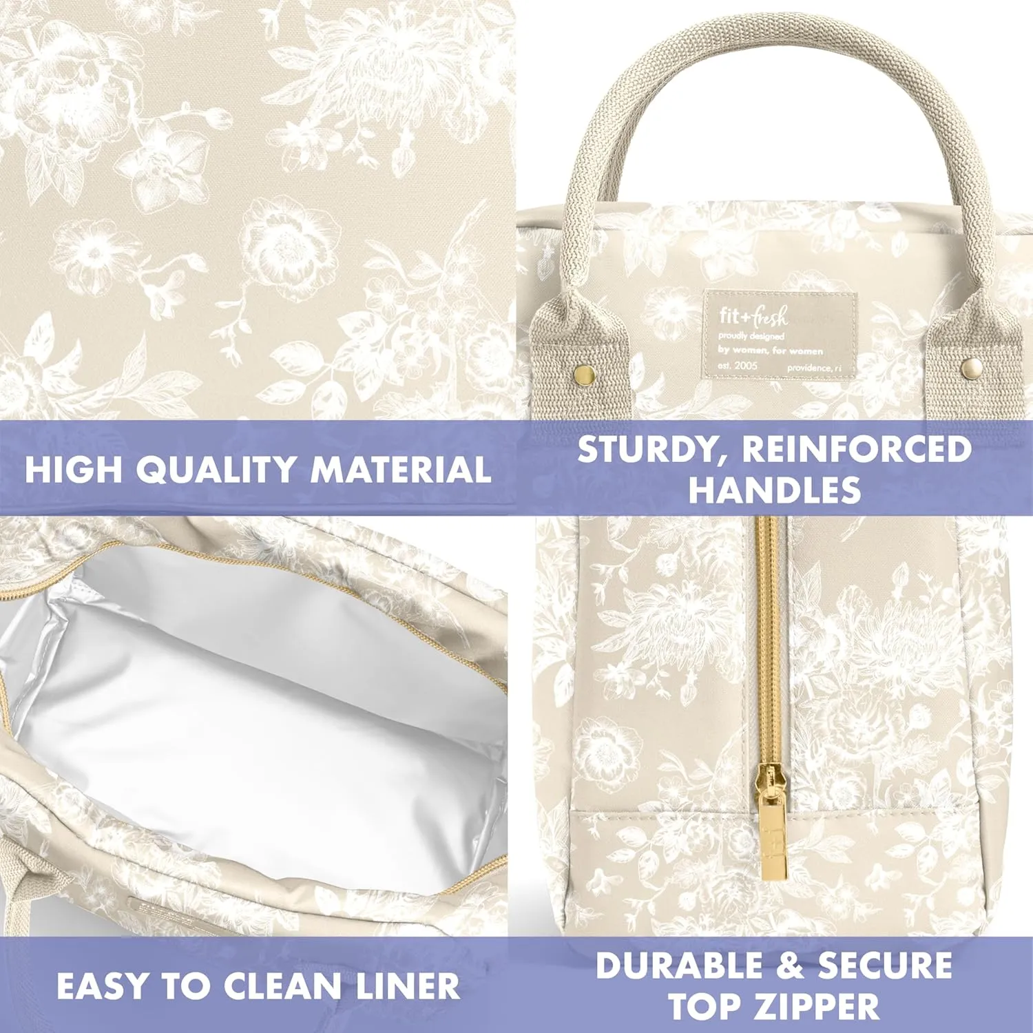 Fit & Fresh Lunch Bag For Women, Insulated Womens Lunch Bag For Work, Leak Resistant & Stain-Resistant Large Lunch Box For Women With Containers, Zipper Closure Bloomington Bag, Tan Toile