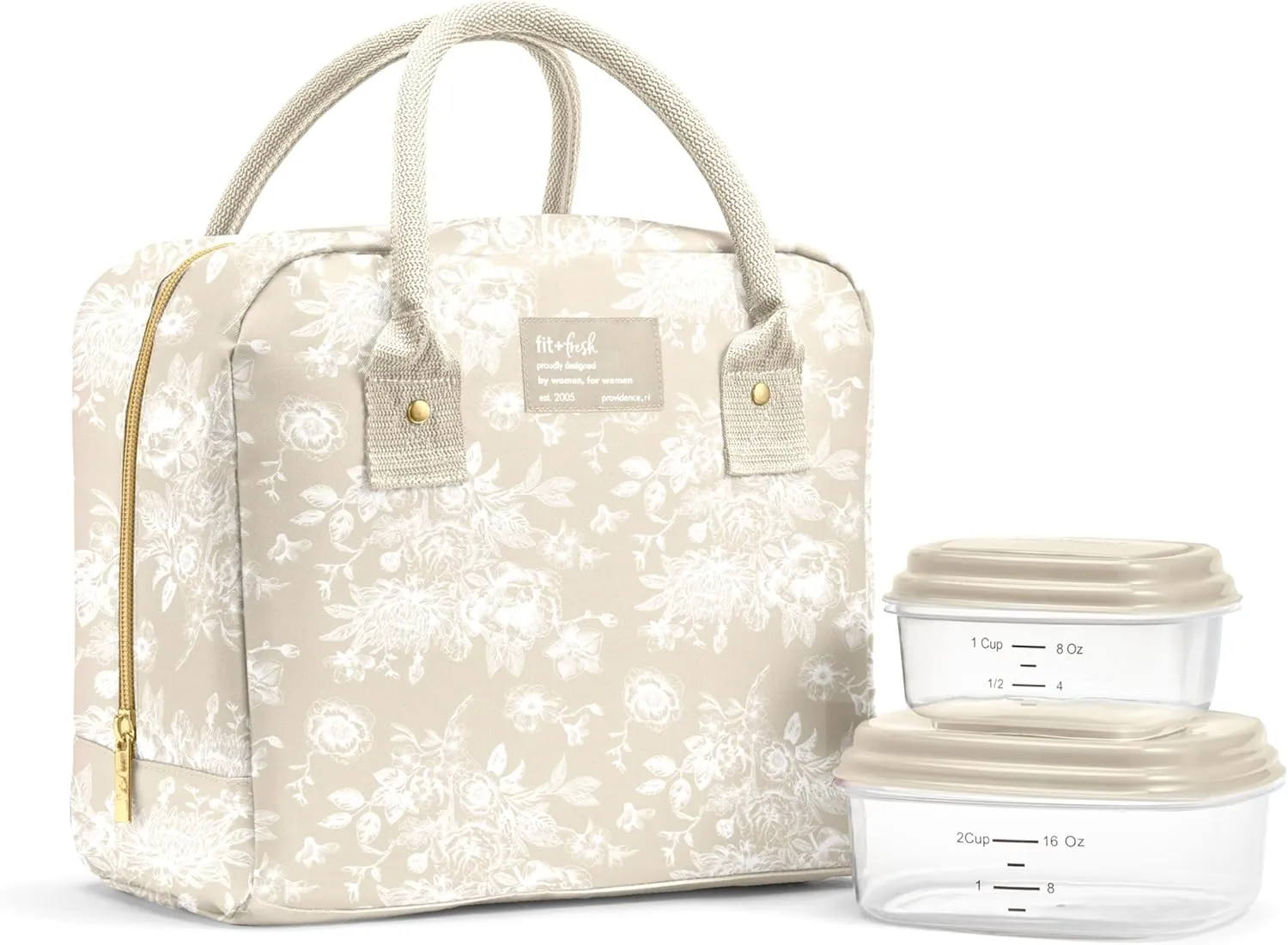 Fit & Fresh Lunch Bag For Women, Insulated Womens Lunch Bag For Work, Leak Resistant & Stain-Resistant Large Lunch Box For Women With Containers, Zipper Closure Bloomington Bag, Tan Toile