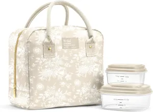 Fit & Fresh Lunch Bag For Women, Insulated Womens Lunch Bag For Work, Leak Resistant & Stain-Resistant Large Lunch Box For Women With Containers, Zipper Closure Bloomington Bag, Tan Toile