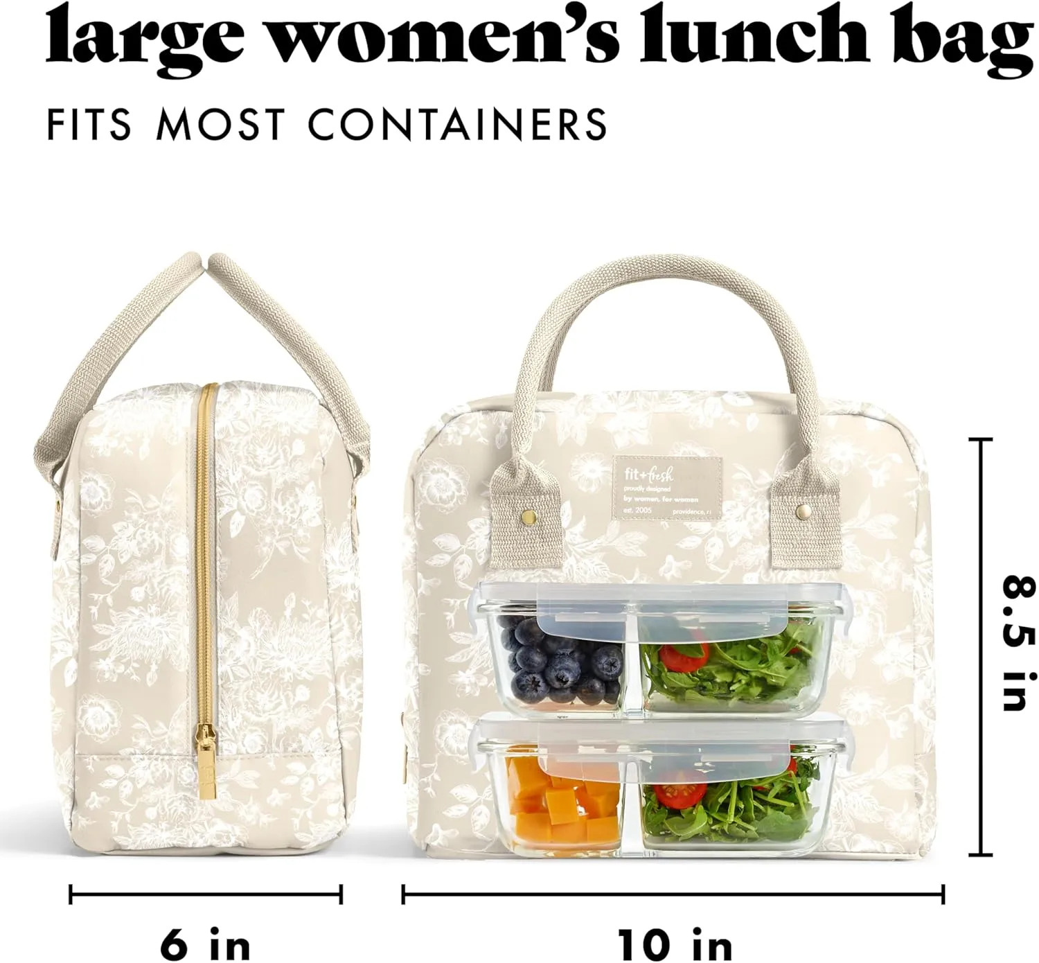 Fit & Fresh Lunch Bag For Women, Insulated Womens Lunch Bag For Work, Leak Resistant & Stain-Resistant Large Lunch Box For Women With Containers, Zipper Closure Bloomington Bag, Tan Toile