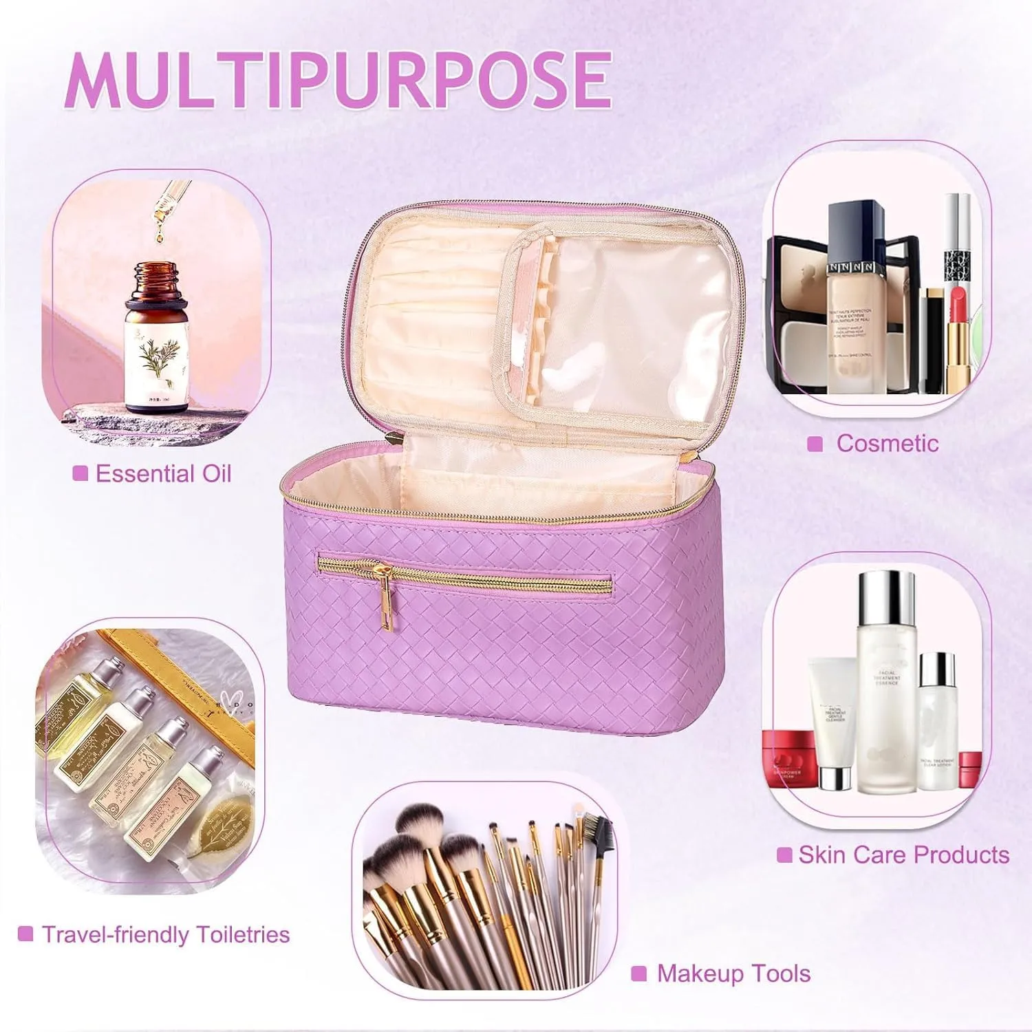 FITINI Large Makeup Bag Portable Cosmetic Bags,Travel Make-up Organize Leather Toiletry Bag for Women Purse With Handle Zipper Cosmetic Brush Pouch,Purple