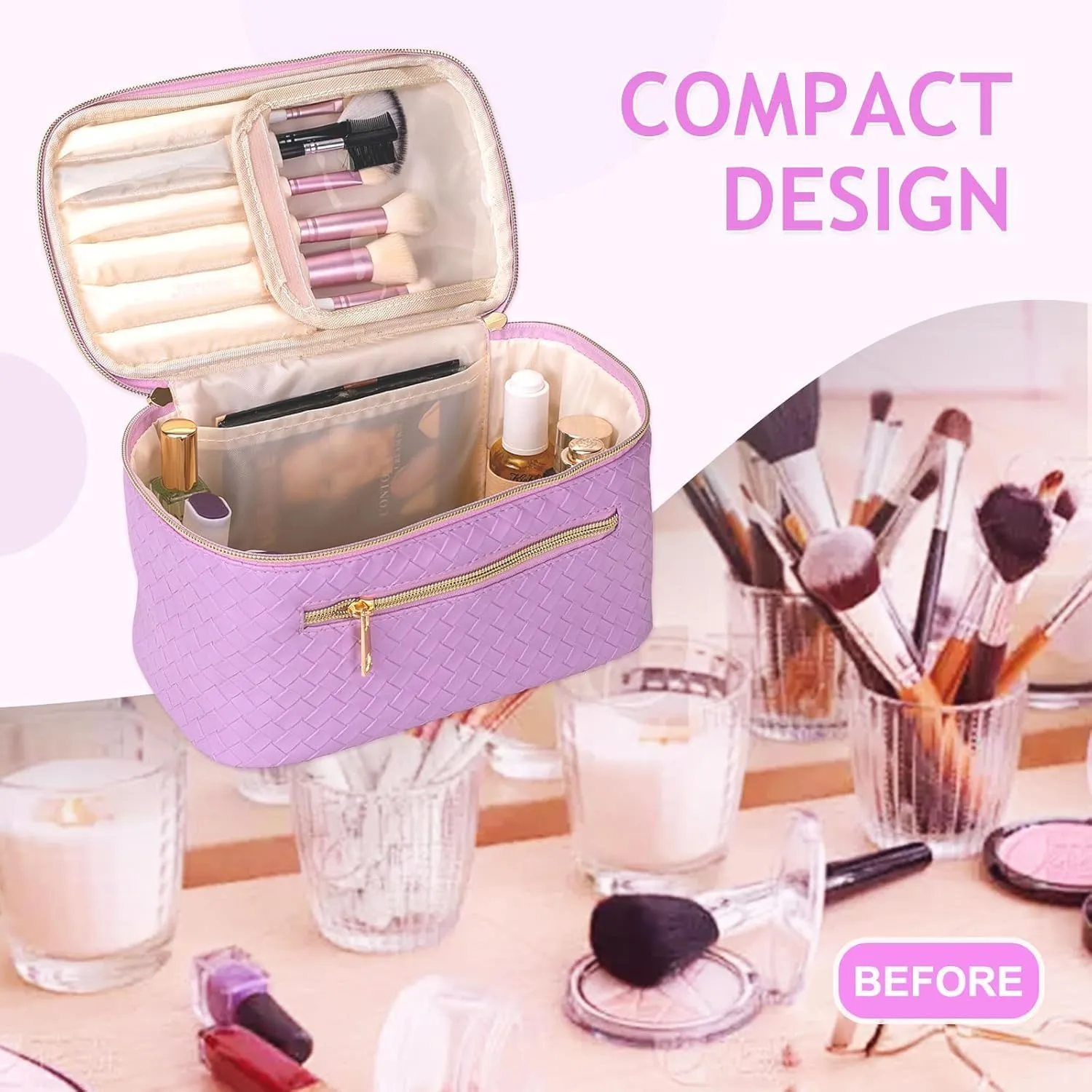 FITINI Large Makeup Bag Portable Cosmetic Bags,Travel Make-up Organize Leather Toiletry Bag for Women Purse With Handle Zipper Cosmetic Brush Pouch,Purple