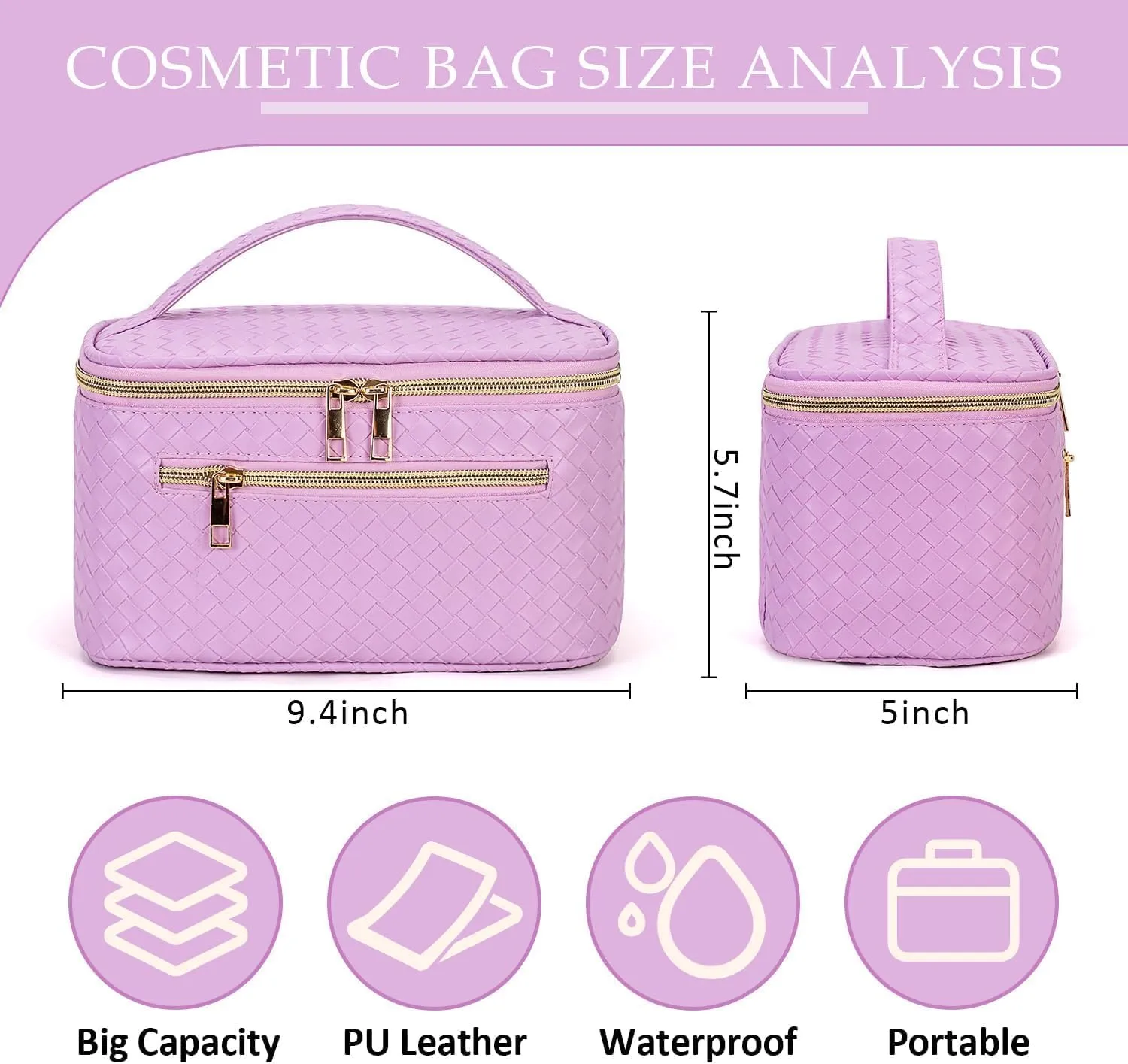 FITINI Large Makeup Bag Portable Cosmetic Bags,Travel Make-up Organize Leather Toiletry Bag for Women Purse With Handle Zipper Cosmetic Brush Pouch,Purple