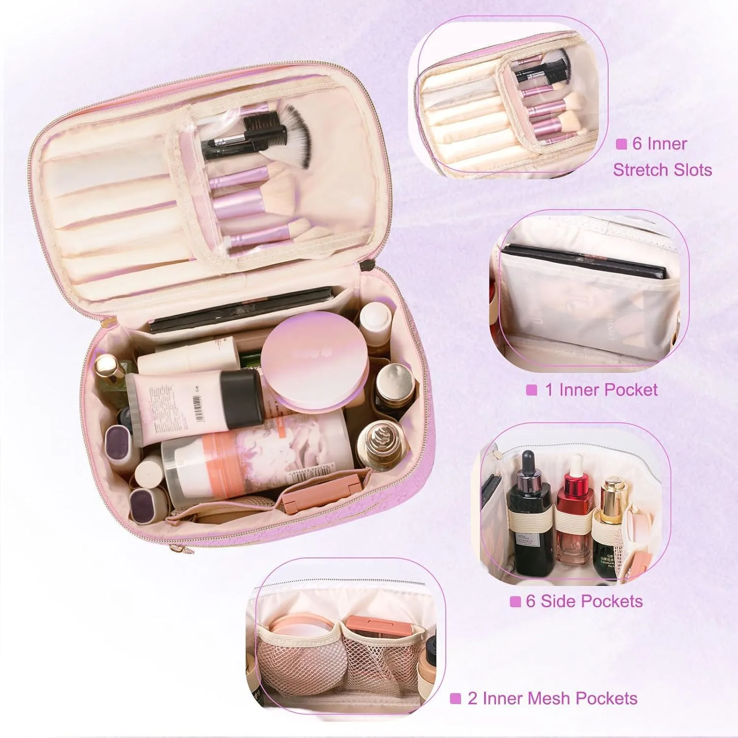 FITINI Large Makeup Bag Portable Cosmetic Bags,Travel Make-up Organize Leather Toiletry Bag for Women Purse With Handle Zipper Cosmetic Brush Pouch,Purple