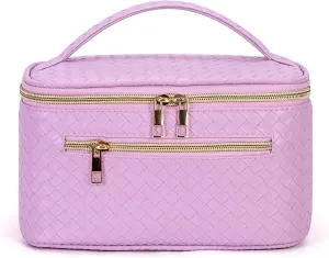 FITINI Large Makeup Bag Portable Cosmetic Bags,Travel Make-up Organize Leather Toiletry Bag for Women Purse With Handle Zipper Cosmetic Brush Pouch,Purple