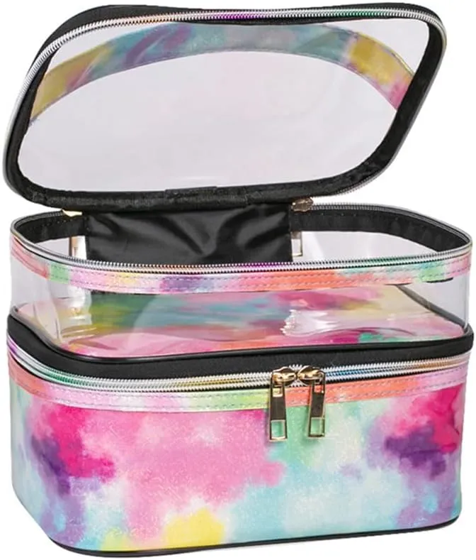 FITINI Makeup Bags Double Layer Travel Storage Cosmetic Cases Make up Organizer Toiletry Bags Water-resistant for Women Makeup Brush Bag,Tie Dyed