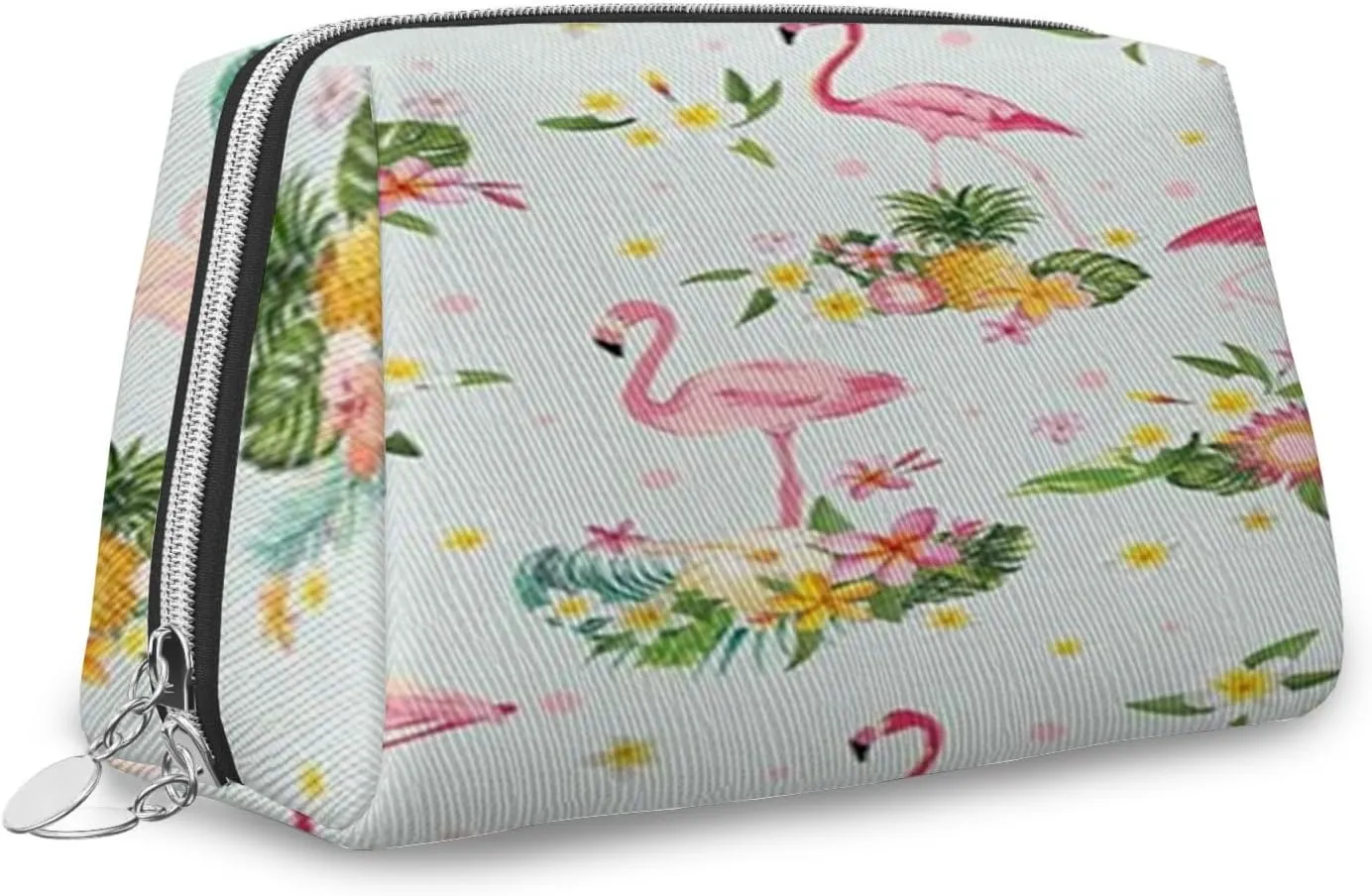 Flamingo Print,Large Capacity Travel Leather Cosmetic Bag,Exotic Bird and Tropical Flowers,Multifunctional Storage Makeup Bag for Women,Pink Green,S