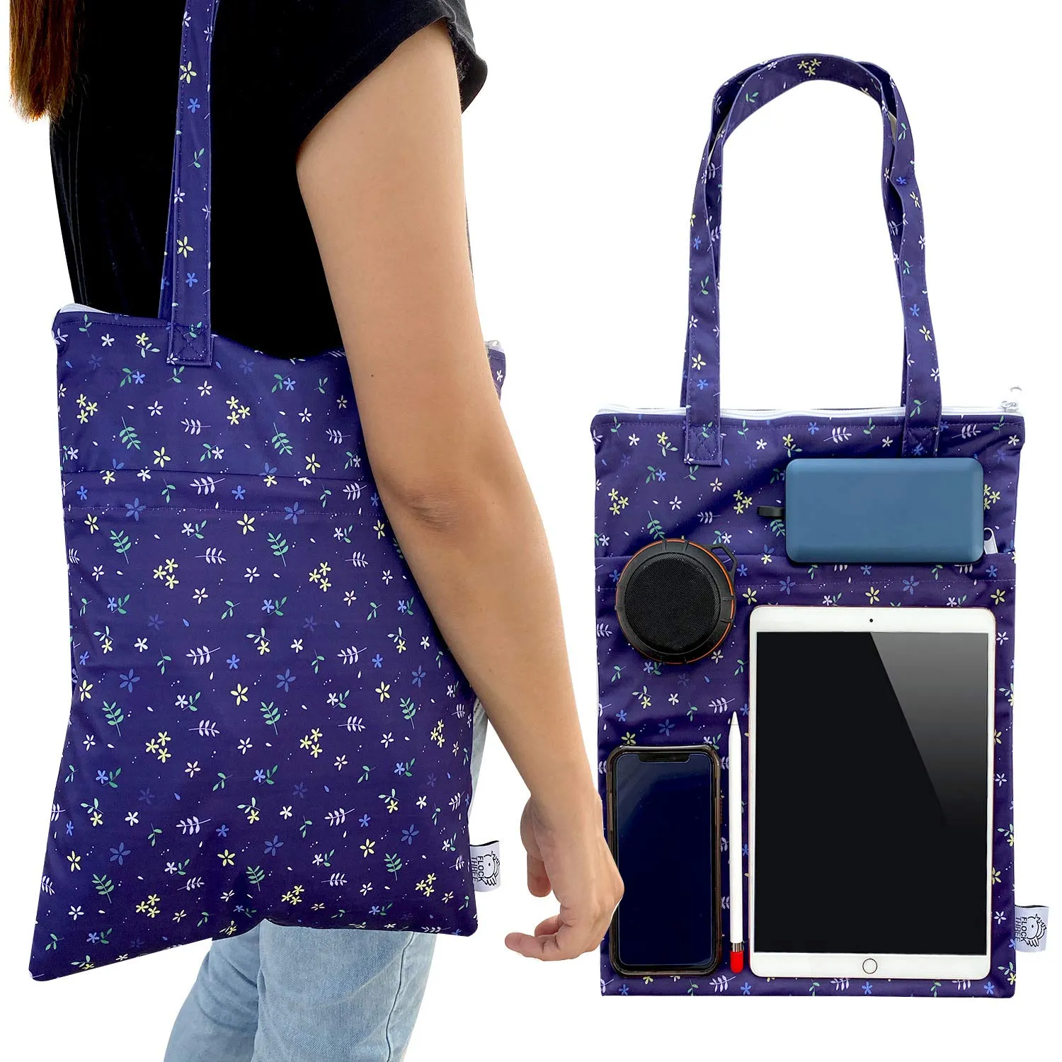 FLOCK THREE 2pcs Wet Dry Bag Waterproof Tote Reusable Wet Clothes Baby Diapers Stroller Swimsuit Travel Small Larger Electronics Toiletries Pouch Flower