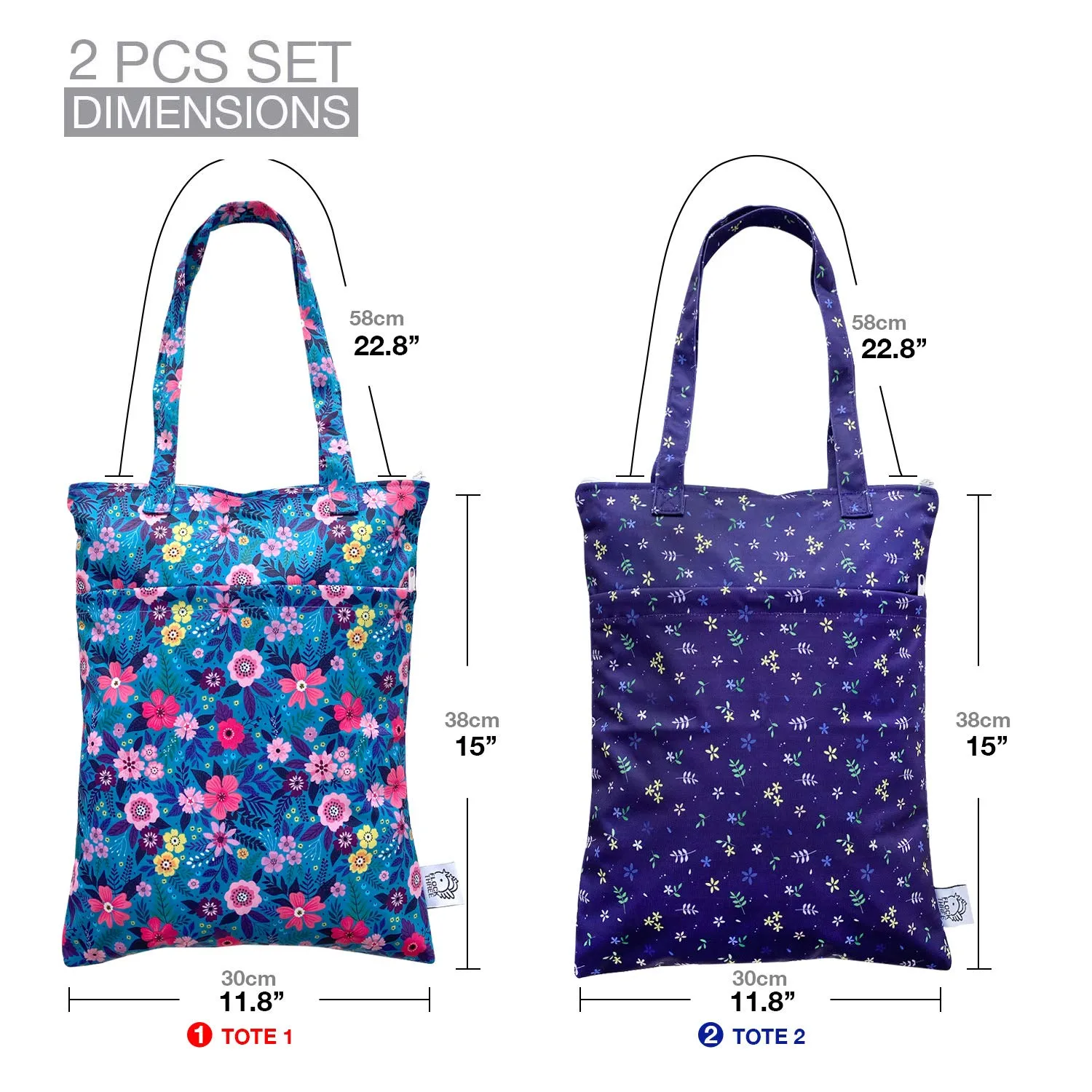 FLOCK THREE 2pcs Wet Dry Bag Waterproof Tote Reusable Wet Clothes Baby Diapers Stroller Swimsuit Travel Small Larger Electronics Toiletries Pouch Flower