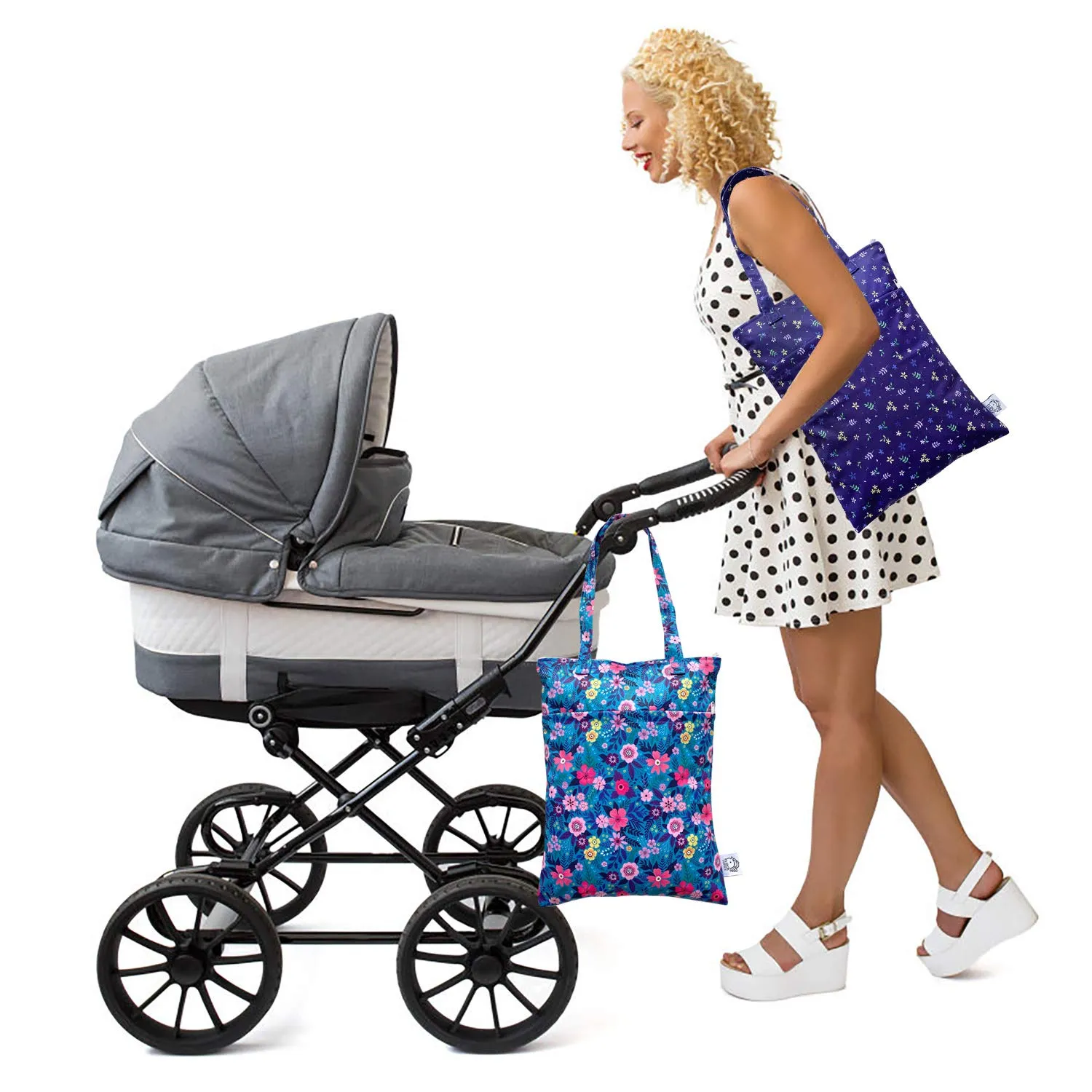 FLOCK THREE 2pcs Wet Dry Bag Waterproof Tote Reusable Wet Clothes Baby Diapers Stroller Swimsuit Travel Small Larger Electronics Toiletries Pouch Flower
