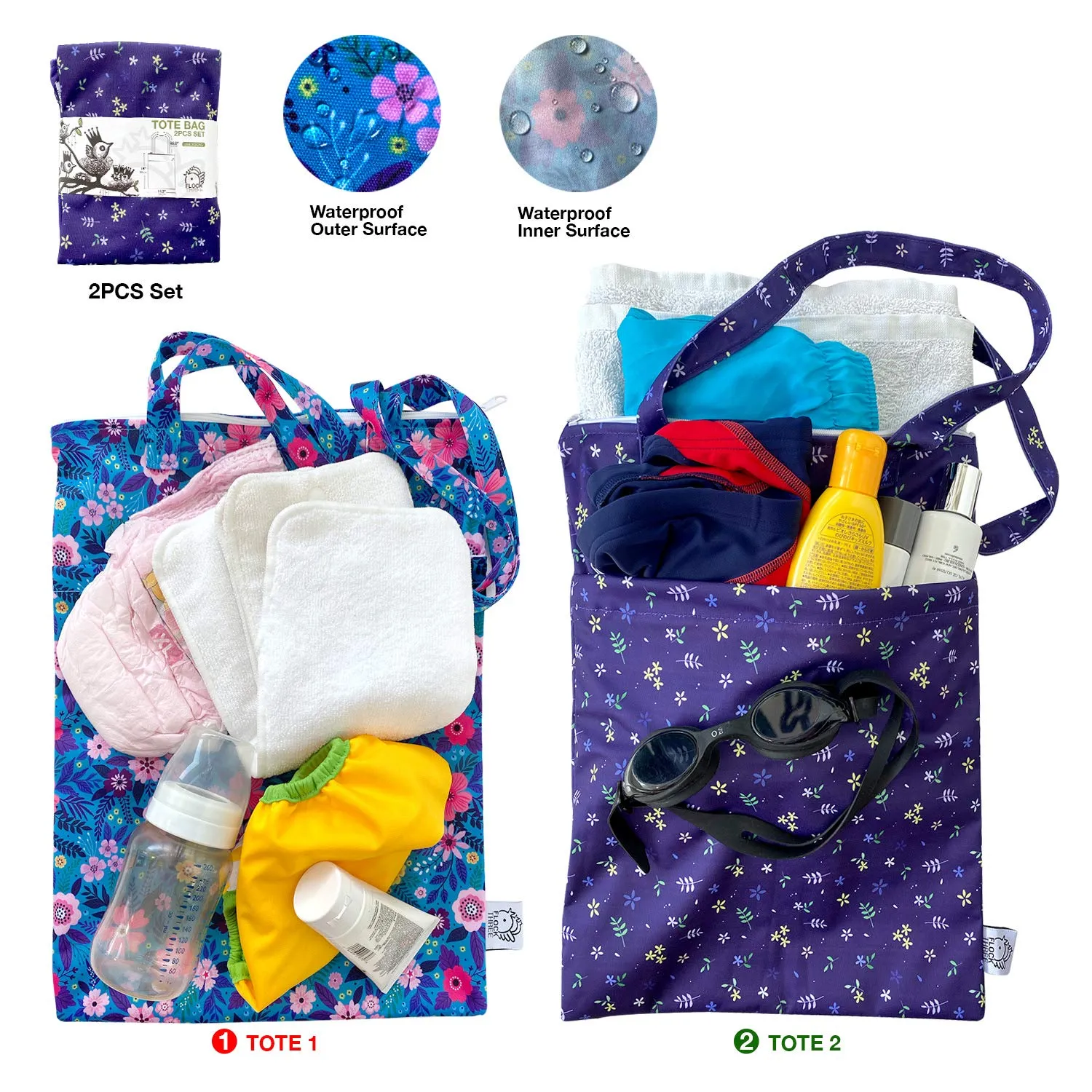 FLOCK THREE 2pcs Wet Dry Bag Waterproof Tote Reusable Wet Clothes Baby Diapers Stroller Swimsuit Travel Small Larger Electronics Toiletries Pouch Flower