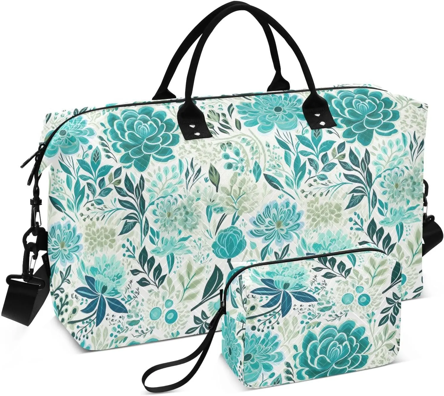 Floral Flower Teal Travel Duffle Bag Duffel Bags Tote Gym Bag Weekender Bag Carry On Duffel Bags with Toiletry Bag Overnight Luggage Bag for Yoga Women Airplanes Men Adults Ttrip Sports