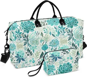 Floral Flower Teal Travel Duffle Bag Duffel Bags Tote Gym Bag Weekender Bag Carry On Duffel Bags with Toiletry Bag Overnight Luggage Bag for Yoga Women Airplanes Men Adults Ttrip Sports
