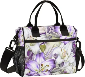 Flower Petals Violet Insulated Lunch Bag Reusable Lunch Box for Men Women Leakproof Cooler Tote Bag with Adjustable Shoulder Strap Food Handbag for Office Camping Travel Work Picnic