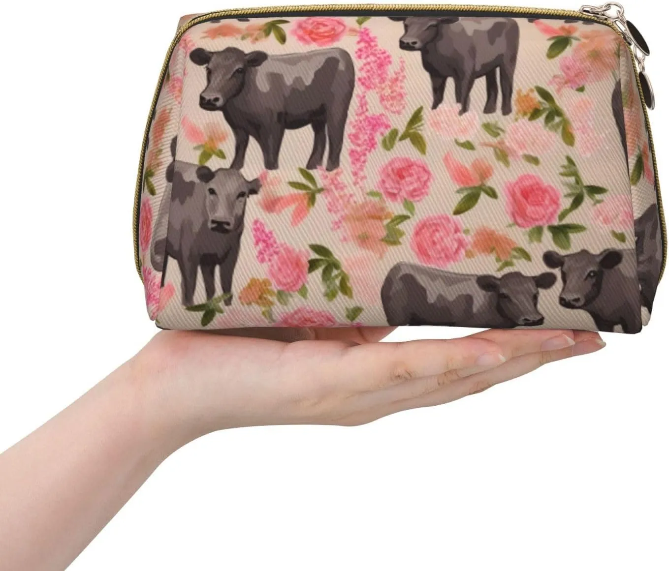 Flower Show Steer Cows Cattle Print Leather Makeup Bag Cute Makeup Pouch For Women With Zipper Portable Travel Cosmetic Bags 6.7x3x4.3in