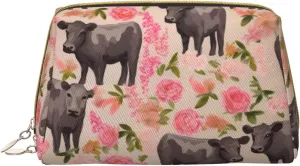 Flower Show Steer Cows Cattle Print Leather Makeup Bag Cute Makeup Pouch For Women With Zipper Portable Travel Cosmetic Bags 6.7x3x4.3in