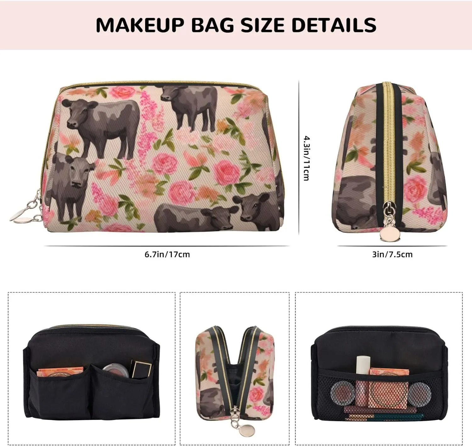 Flower Show Steer Cows Cattle Print Leather Makeup Bag Cute Makeup Pouch For Women With Zipper Portable Travel Cosmetic Bags 6.7x3x4.3in