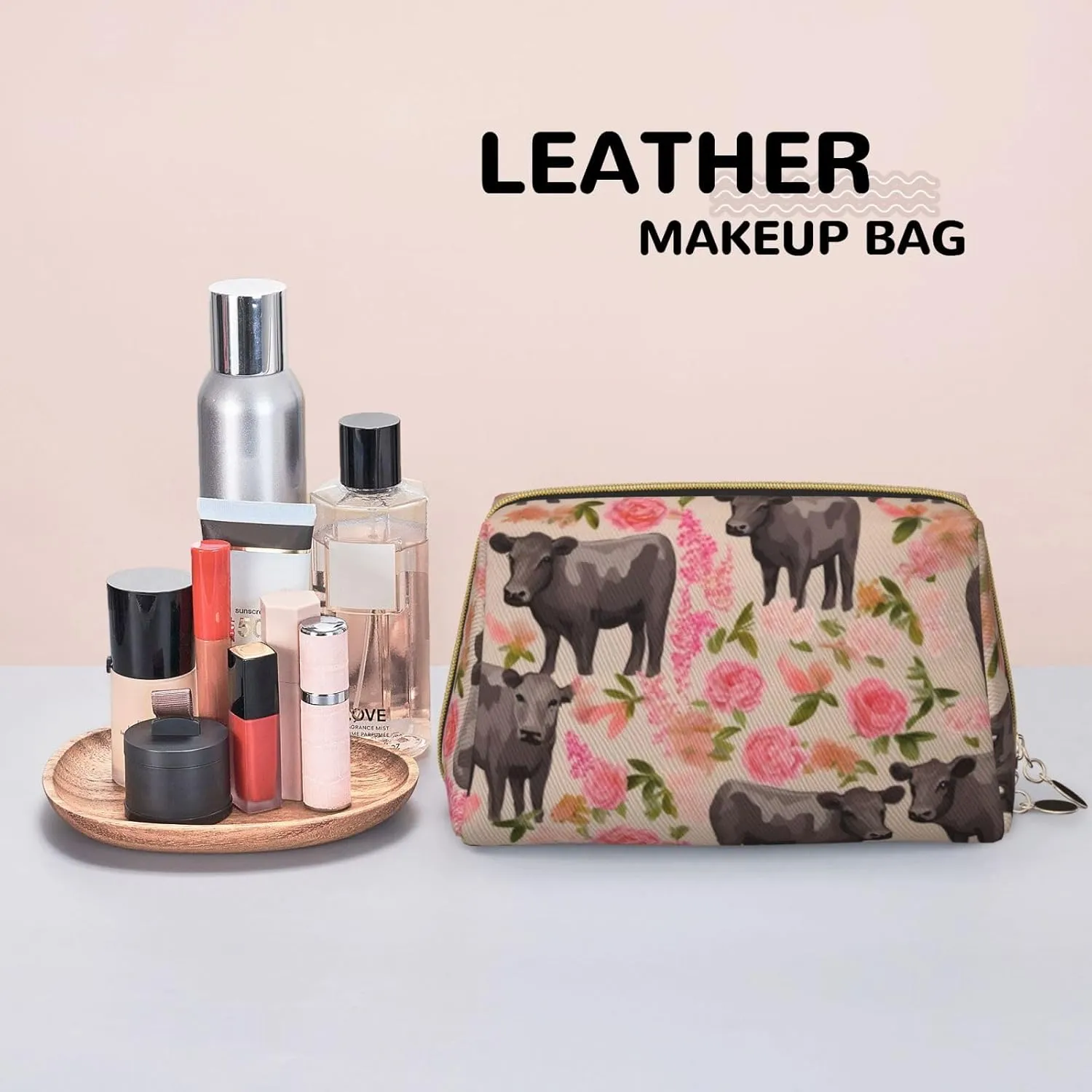 Flower Show Steer Cows Cattle Print Leather Makeup Bag Cute Makeup Pouch For Women With Zipper Portable Travel Cosmetic Bags 6.7x3x4.3in
