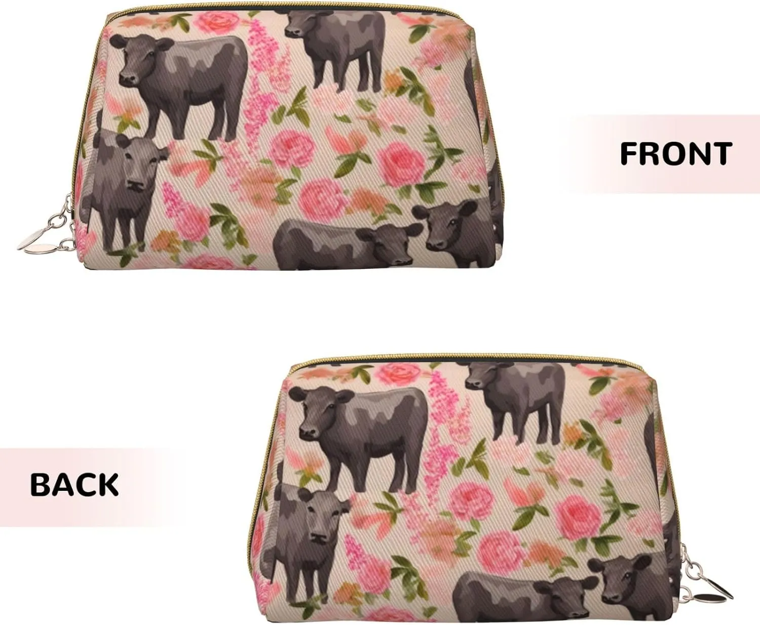 Flower Show Steer Cows Cattle Print Leather Makeup Bag Cute Makeup Pouch For Women With Zipper Portable Travel Cosmetic Bags 6.7x3x4.3in