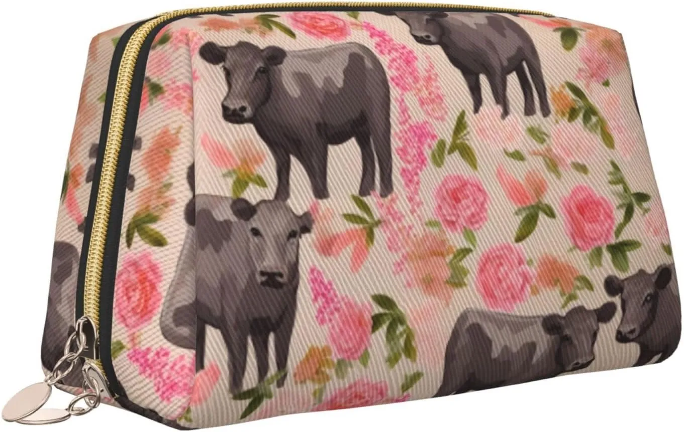 Flower Show Steer Cows Cattle Print Leather Makeup Bag Cute Makeup Pouch For Women With Zipper Portable Travel Cosmetic Bags 6.7x3x4.3in