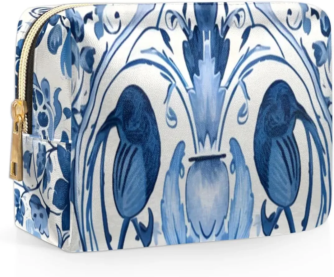 Flowers Retro Boho Printings Travel Makeup Bag for Women, PU Leather Waterproof Checkered Cosmetic Bags Large Make up Bag Zipper Pouch
