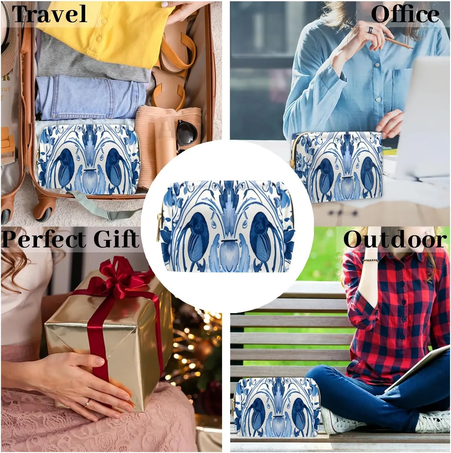 Flowers Retro Boho Printings Travel Makeup Bag for Women, PU Leather Waterproof Checkered Cosmetic Bags Large Make up Bag Zipper Pouch
