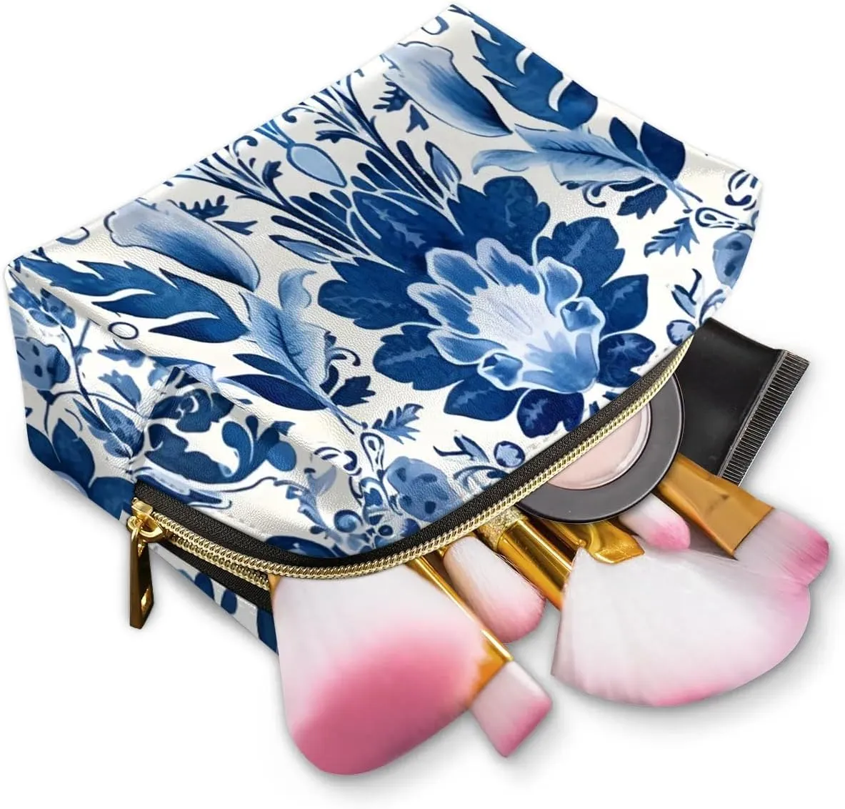 Flowers Retro Boho Printings Travel Makeup Bag for Women, PU Leather Waterproof Checkered Cosmetic Bags Large Make up Bag Zipper Pouch